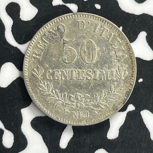 1863-N Italy 50 Centesimi Lot#C0108 Silver! Nice!