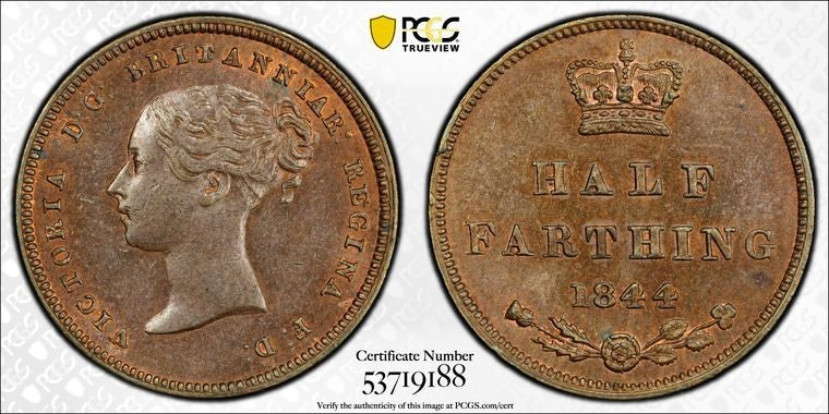 1844 Great Britain Victoria 1/2 Farthing PCGS MS63BN Lot#G3695 S-3951