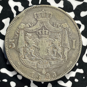 1883 Romania 5 Lei Lot#JM0156 Large Silver! Rim Bump