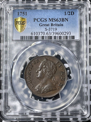 1751 Great Britain 1/2 Penny PCGS MS63BN Lot#G6914 Choice UNC! S-3719