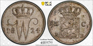 1824-B Netherlands 25 Cents PCGS AU50 Lot#G8754 Silver!