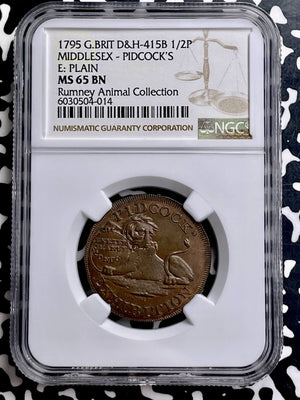 1795 G.B. Middlesex Pidcock's 1/2 Penny Conder Token NGC MS65BN Lot#G9811 Lion