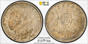 1911 Australia 6 Pence Sixpence PCGS AU55 Lot#G7890 Silver!