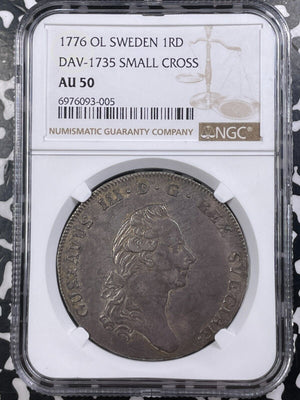 1776-OL Sweden 1 Riksdaler NGC AU50 Lot#G9364 Silver! DAV-1735 Small Cross