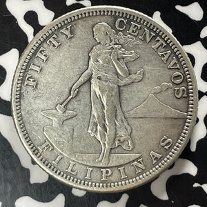 1904-S U.S. Philippines 50 Centavos Lot#T5226 Silver! Old Cleaning