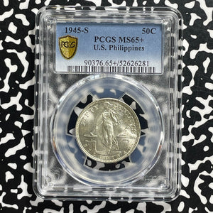 1945-S U.S. Philippines 50 Centavos PCGS MS65+ Lot#G1058 Silver! Gem BU!