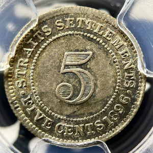 1896 Straits Settlements 5 Cents PCGS AU58 Lot#G9850 Silver!