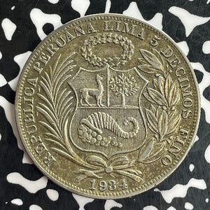 1934 Peru 1 Sol Lot#C1004 Large Silver!