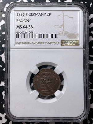 1856-F Germany Saxony 2 Pfennig NGC MS64BN Lot#G8745 Choice UNC! Top Graded!