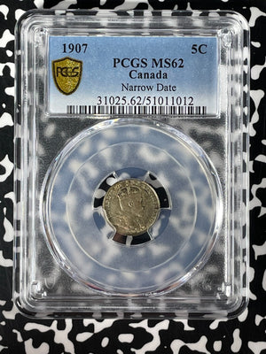 1907 Canada 5 Cents PCGS MS62 Lot#G161 Silver! Nice UNC! Narrow Date Variety