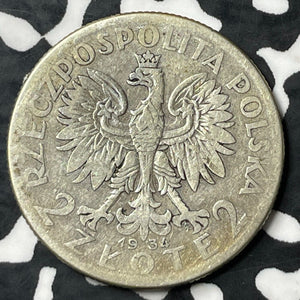 1934 Poland 2 Zlote Lot#E7028 Silver! Y#20