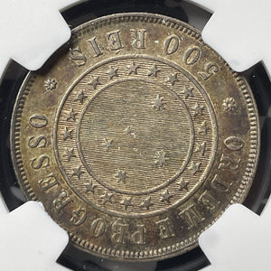 1889 Brazil 500 Reis NGC AU58 Lot#G8805 Silver! Beautiful Toning! KM#494