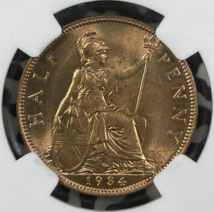 1934 Great Britain 1/2 Penny NGC MS64RD Lot#G003 Choice UNC!