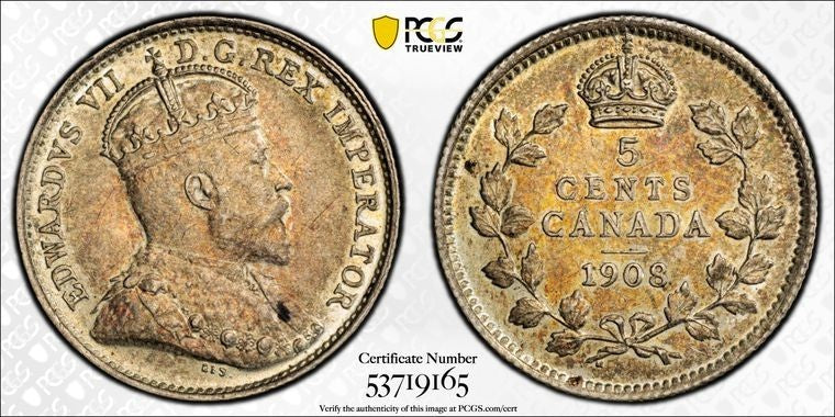 1908 Canada 5 Cents PCGS MS62 Lot#G3675 Silver! Nice UNC! Small '8'