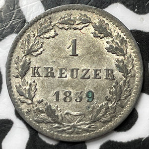 1839 Germany Hesse-Darmstadt 1 Kreuzer Lot#D7423 Silver! High Grade! Beautiful!