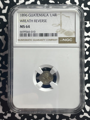 1896 Guatemala 1/4 Real NGC MS64 Lot#G826 Silver! Choice UNC! Wreath Reverse