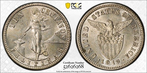 1918-S U.S. Philippines 10 Centavos PCGS AU58 Lot#G1056 Silver!