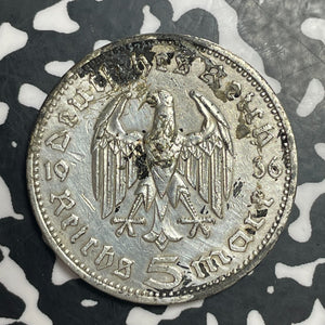 1936-A Germany 5 Mark Lot#T4022 Silver! Cleaned
