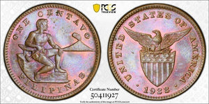 1922 U.S. Philippines 1 Centavo PCGS MS64BN Lot#G8638 Beautiful Toning!