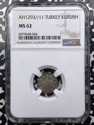 AH 1293 Year 11 (1886) Turkey 1 Kurus NGC MS62 Lot#G9080 Silver! Nice UNC!