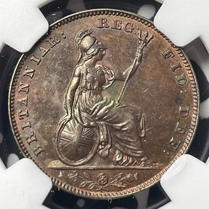 1843 Great Britain Victoria Farthing NGC MS61BN Lot#G9596 Nice UNC! Arabic '1'