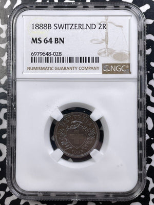 1888-B Switzerland 2 Rappen NGC MS64BN Lot#G9102 Choice UNC! Better Date