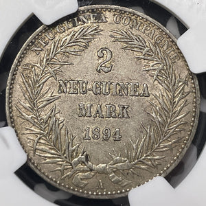 1894-A German New Guinea 2 Mark NGC AU55 Lot#MK129 Silver!