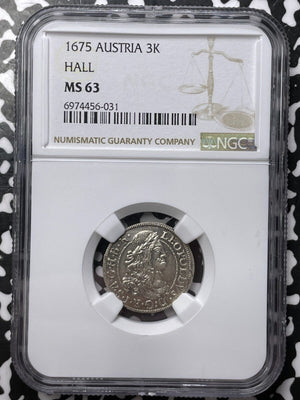 1675 Austria Hall 3 Kreuzer NGC MS63 Lot#G7656 Silver! Choice UNC!