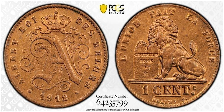1912 Belgium 1 Centime PCGS MS65RB Lot#G4055 Gem BU! KM#76