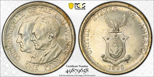 1936-M US Philippines Roosevelt/Quezon 1 Peso PCGS MS65 Lot#G8353 Silver! Gem BU