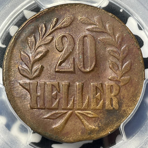 1916-T German East Africa 20 Heller PCGS AU58 Lot#MK94 Copper