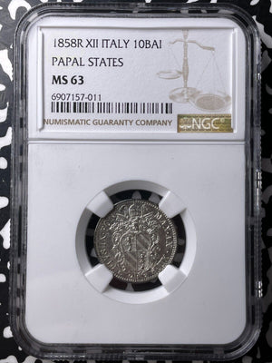 1858-R Papal States 10 Baiocchi NGC MS63 Lot#G9026 Silver! Choice UNC!