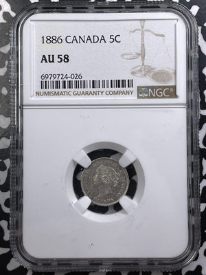 1886 Canada 5 Cents NGC AU58 Lot#G9144 Silver!