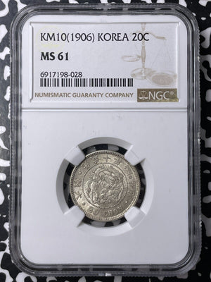 Year 10 (1906) Korea 20 Chon NGC MS61 Lot#G9487 Silver! Nice UNC!