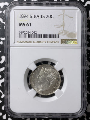 1894 Straits Settlements 20 Cents NGC MS61 Lot#G7600 Silver! Nice UNC!