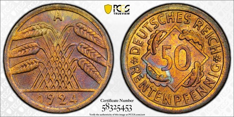 1924-A Germany 50 Pfennig PCGS MS64 Lot#G3642 Beautiful Toning! J-310