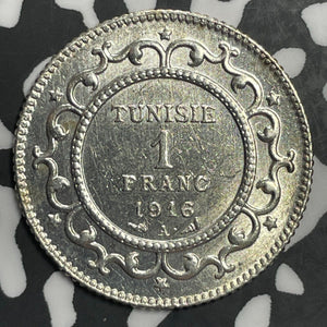 1916-A Tunisia 1 Franc Lot#E6695 Silver! High Grade! Beautiful!