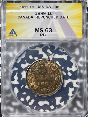1899 Canada Large Cent ANACS MS63RB Lot#G7087 Choice UNC! Repunched Date