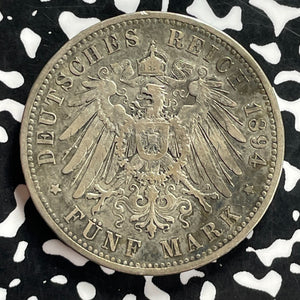 1894-A Germany Prussia 5 Mark Lot#JM9865 Large Silver!
