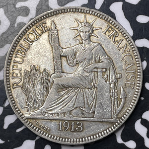 1913-A French Indo-China 1 Piastre Lot#MK131 Large Silver!