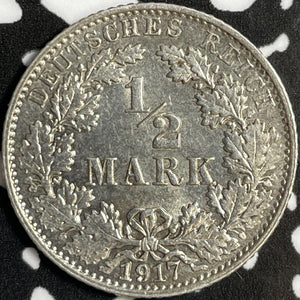 1917-E Germany 1/2 Mark Half Mark Lot#D6987 Silver! High Grade! Beautiful!