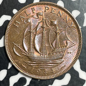 1944 Great Britain 1/2 Penny Half Penny Lot#T2846 High Grade! Beautiful!