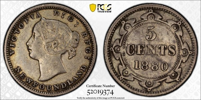 1880 Newfoundland 5 Cents PCGS XF40 Lot#G1513 Silver!
