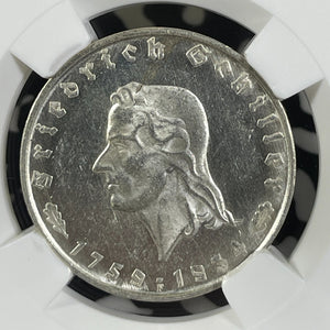 1934-F Germany Schiller 2 Mark NGC MS61 Lot#G9928 Silver! Nice UNC!
