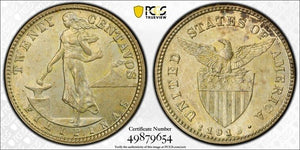 1918-S U.S. Philippines 20 Centavos PCGS MS63 Lot#G8350 Silver! Choice UNC!