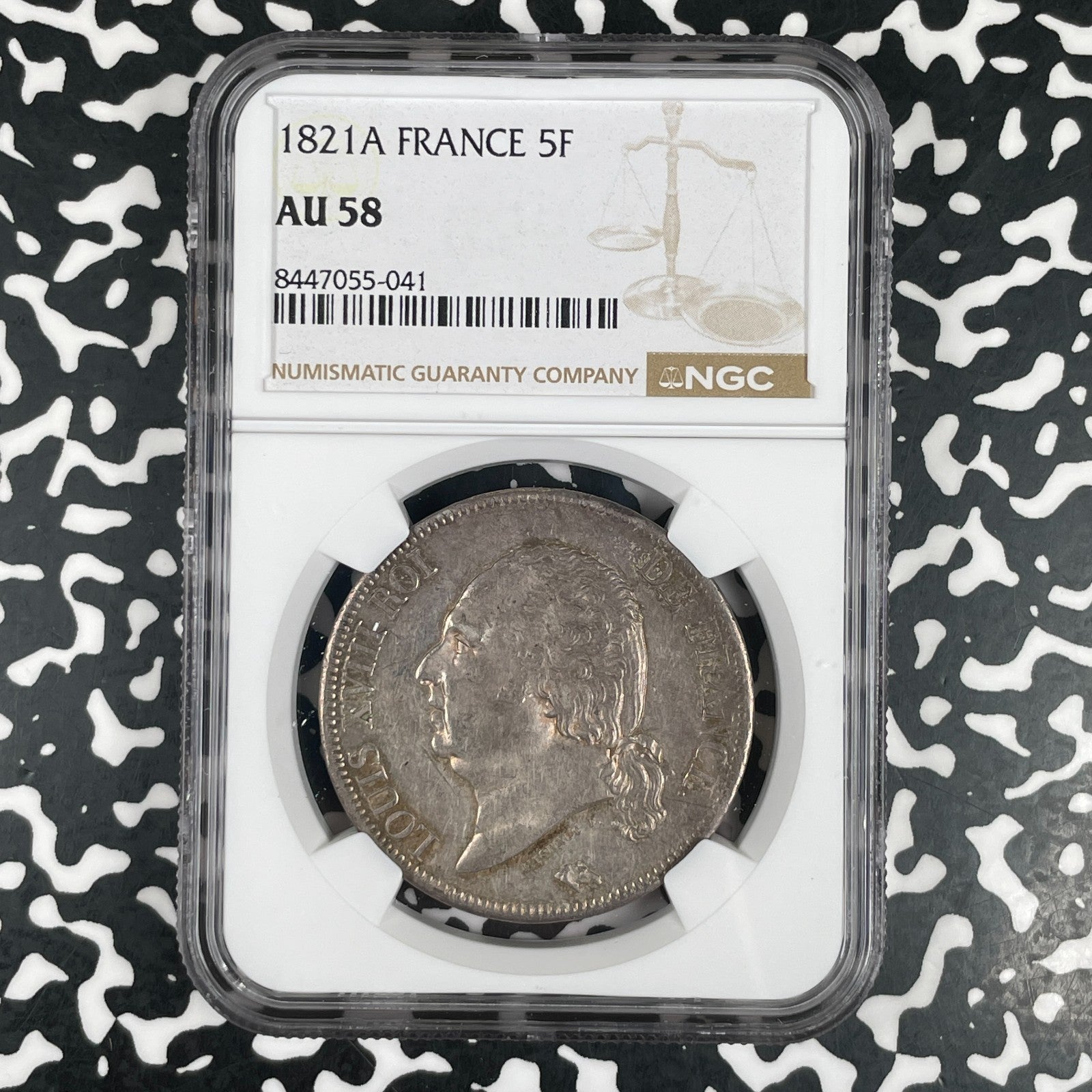 1821-A France 5 Francs NGC AU58 Lot#G3602 Large Silver!
