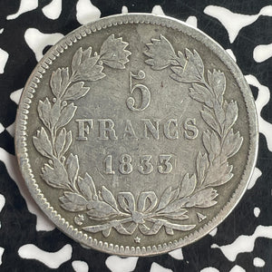 1833-A France 5 Francs Lot#T8322 Large Silver Coin!