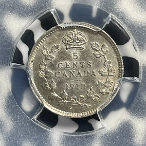 1910 Canada 5 Cents PCGS AU55 Lot#G982 Silver! Round Leaves, Scarce Variety!