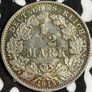 1915-J Germany 1/2 Mark Half Mark Lot#D6989 Silver! High Grade! Beautiful!