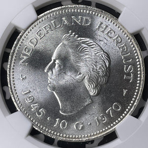 1970 Netherlands Liberation Anniversary 10 Gulden NGC MS64 Lot#MK116 Silver!